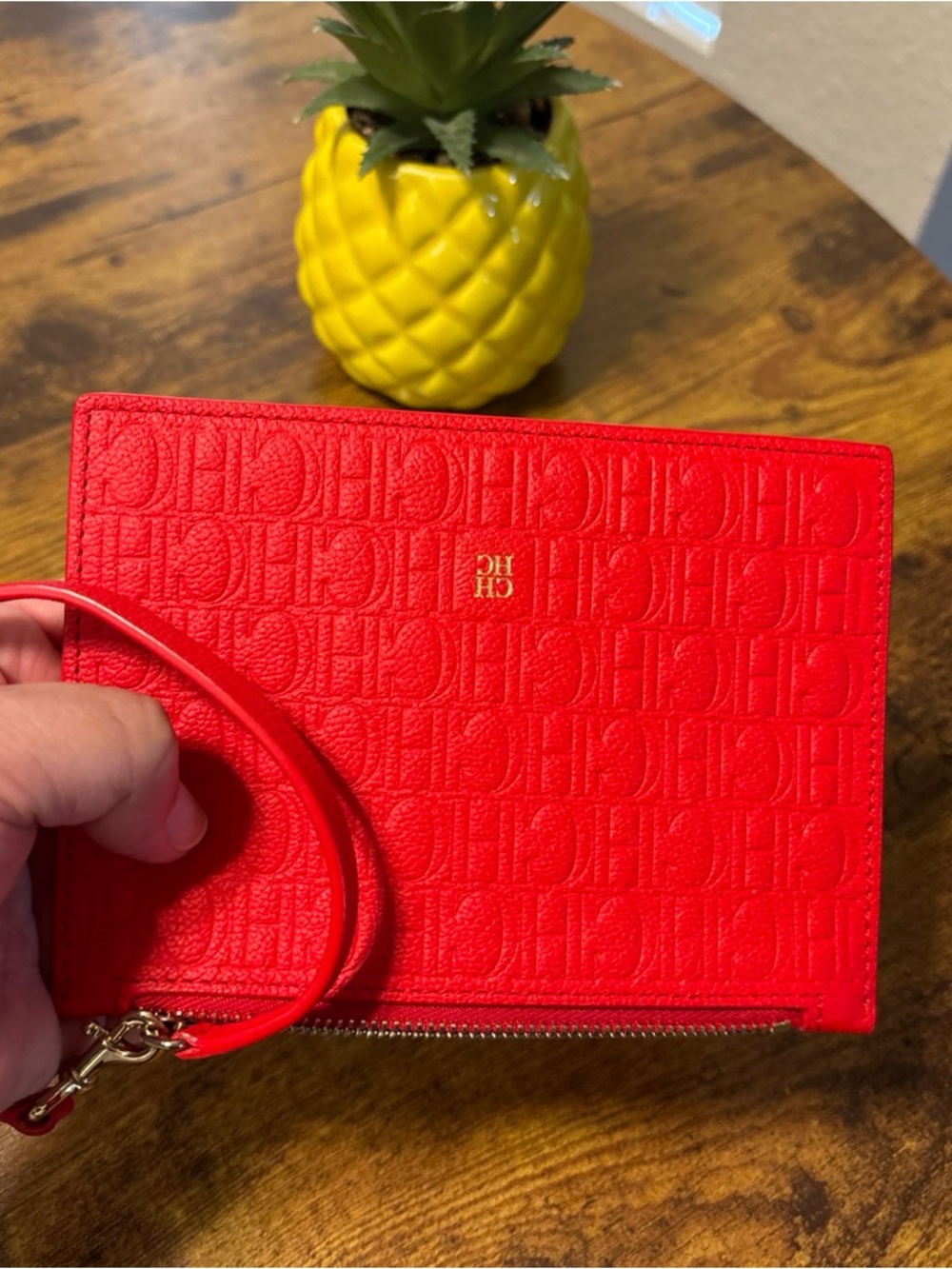 Carolina Herrera Embossed Red Leather Wristlet with Gold Logo